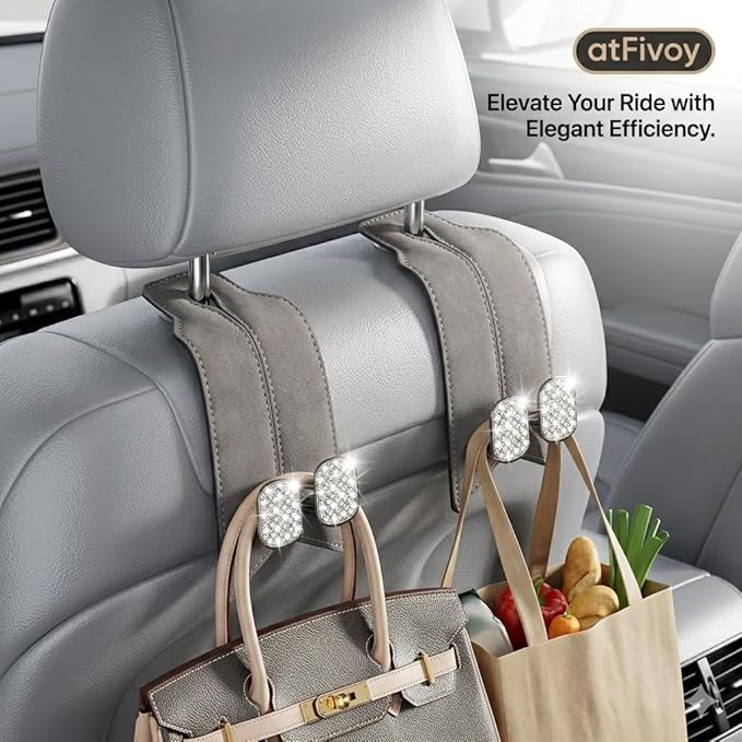 2Pcs Bling Car Headrest Hooks, Premium Leather & Sparkling Rhinestone Dual Metal Hooks, Back Seat Organizer for Bags, Coats, Purses and Groceries (Crystal Gray)