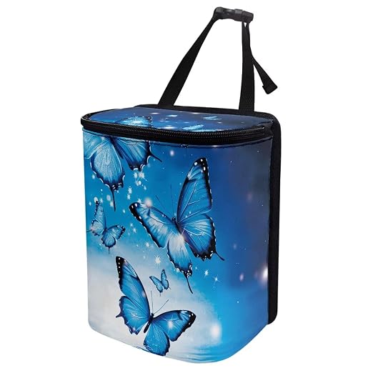 Biyejit Blue Butterfly Car Garbage can with Lid Leak Proof Vehicle Trash Can with Storage Pockets Hanging Waterproof Car Trash Bag for SUV