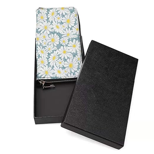 Unisex Zip Around Wallet for Adults Teens Blooming Chamomile White Coin Pouch Cash Pocket PU Leather Wallets Card Holder Organizer Designer Purse with Wristlet Strap