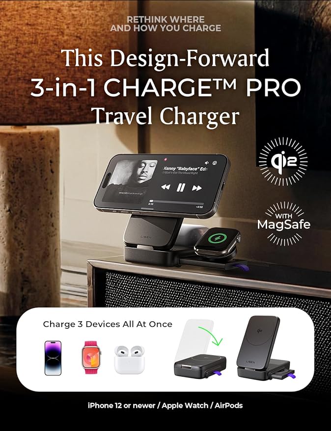 LISEN for iPhone 17 Pro Max 15W magsafe Fast Charger 3-in-1 Charging Station Qi2 Certified Foldable Magsafe Charger Stand for Apple Multiple Devices,Wireless Nightstand,AirPods,Apple Watch