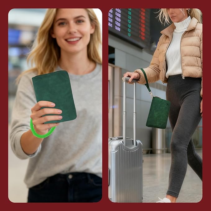 Passport Holder with Tether and Carabiner Clip to Prevent Loss and Theft, Rfid Passport Holder for Travel, Passport Cover, Wallet & Case for Men and Women (Green - Tether and Carabiner)