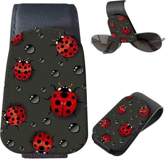 Sunglasses Holder for Car Visor, PU Leather Glasses Clip Organizer, Cute Magnetic Eyeglass Holder for Vehicle Sun Visor, Car Interior Accessory for Women & Men Rainy Ladybug Black