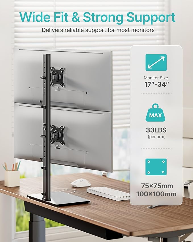 Pegzone Vertical Dual Monitor Stand for 17??4 Inch Screens, Stacked Monitor Mount, Holds up to 33 lbs per Arm, Tabletop Screens Riser with Full Motion, 33.3" Pole 12 Height Settings, 75/100 VESA