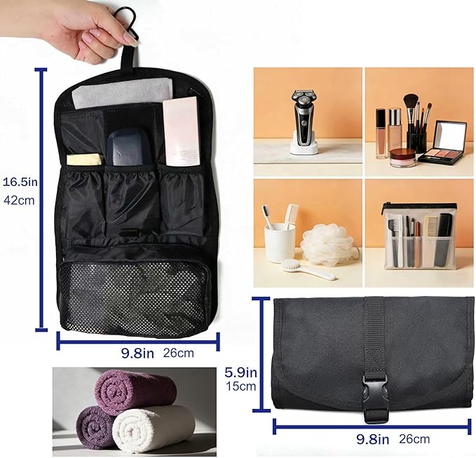 Hanging Toiletry Bag for Men Women, Travel Makeup with Mirror and Hook, EDC Military Tool Pouches Small Dopp Kit Mens Shaving Kit Travel shower Bags Black