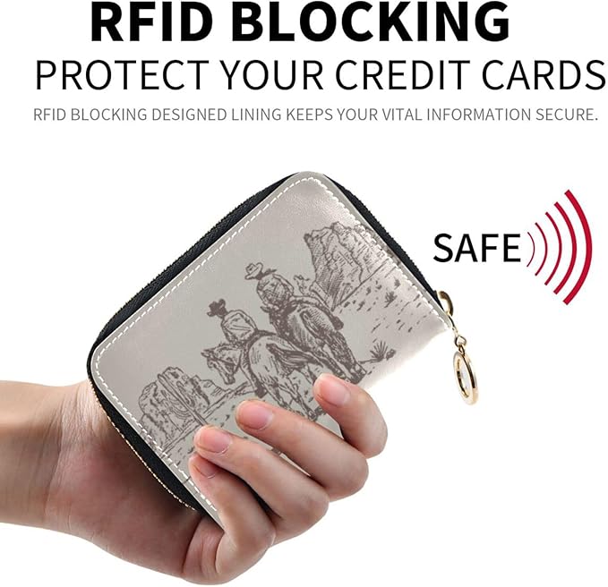 Western Desert Cowboy RFID Credit Card Holder Wallets Accordion for Women Leather Zipper Card Case Accordion Wallet for Ladies Girls