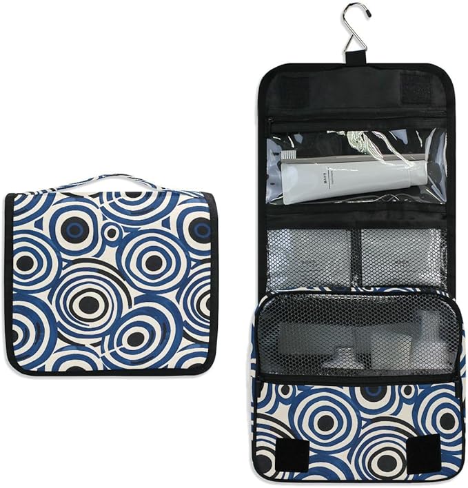 Hanging Travel Toiletry Bag White and Blue Circle Kit Makeup Case Cosmetics Organizer for Men Women