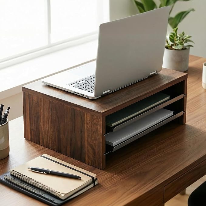 Fenge Monitor Stand, 3-Tier Monitor Riser with Slide-Out Tray, Wooden and Metal Desktop Organizer for Home Office, Computer, Laptop, Printer, Telephone