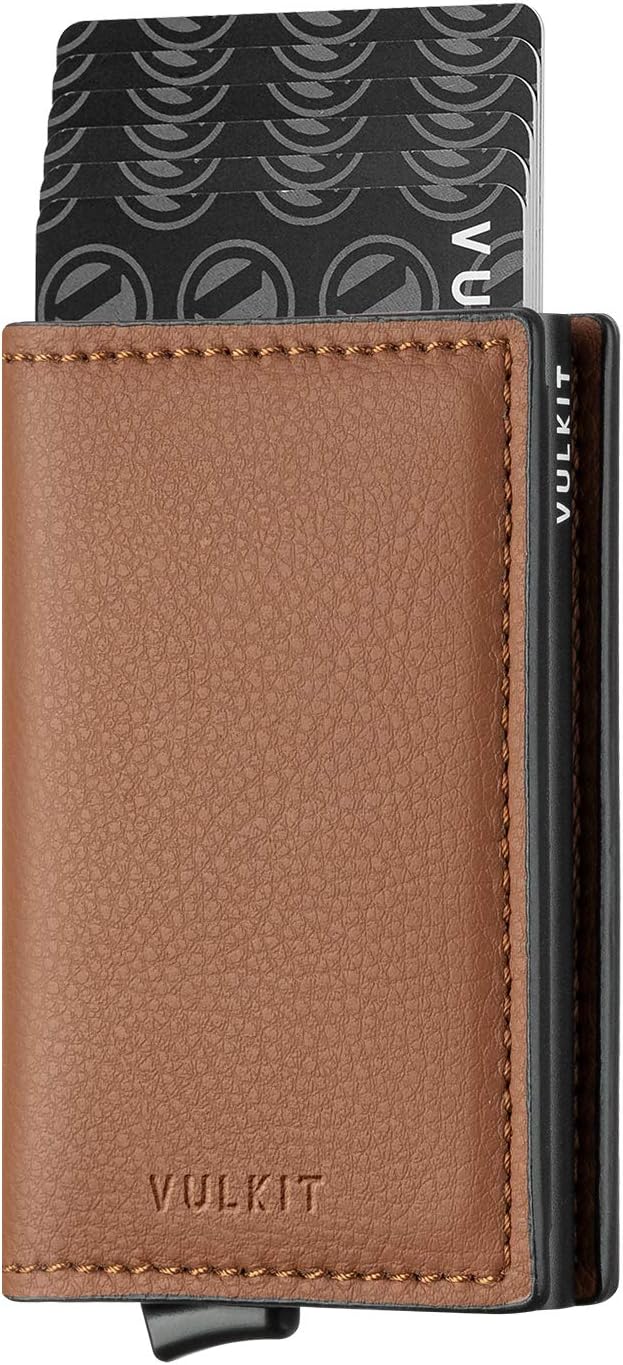 VULKIT Credit Card Holder RFID Blocking Leather Automatic Pop Up Wallet Aluminum Pocket Business Card Case