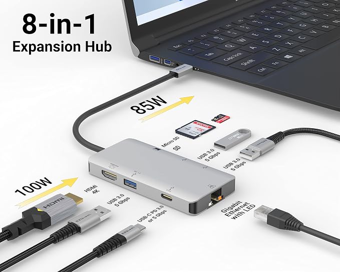 USB C Hub Docking Station 8 in 1 with 4K HDMI, 1 Gbit Ethernet, 3 USB A 3.0 Ports, 1 USB-C PD/Data, SD/Micro SD for Work and Travel, Compatible with MacBook/Dell/HP/Lenovo/Laptops