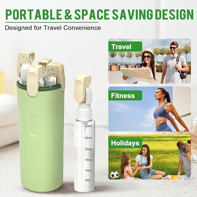 Leak Proof Travel Bottles 4 Pack 30ML, Refillable Toiletry Containers with Scale & Label, Clear Portable Dispenser for Shampoo Conditioner Lotion Cream Body Wash(Green)