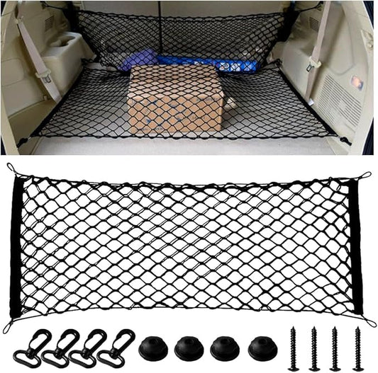Car Rear Cargo Net, 43.31 x 15.7 Elastic Vehicle Trunk Mesh Storage Organizer with Hooks Screws, Adjustable Automotive Rear Cargo Storage Pouch Net, Universal for SUV Truck Sedan