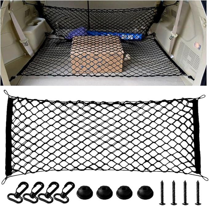 Car Rear Cargo Net, 35.4 x 15.7 Elastic Vehicle Trunk Mesh Storage Organizer with Hooks Screws, Adjustable Automotive Rear Cargo Storage Pouch Net, Universal for SUV Truck Sedan
