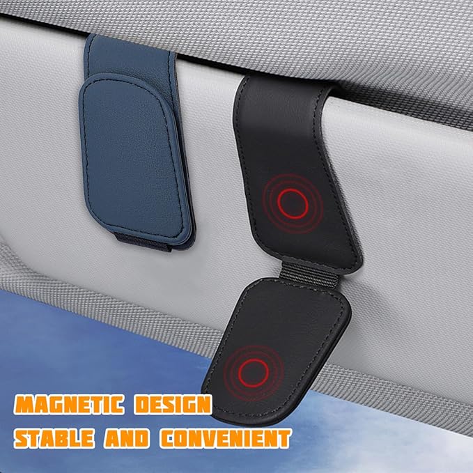 Sunglasses Holder for Car Visor, Microfiber Leather Magnetic Sun Visor Eyeglasses Hanger & Ticket Card Clip, Multi-Function Automotive Interior Glasses Mount, Universal Fit (Royal Blue)