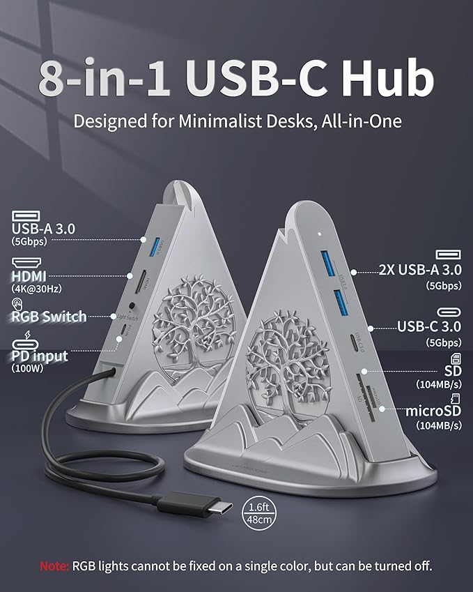 USB C Hub, 8 in 1 vertical Laptop Docking Station, USB C HUB for Laptop with 4K HDMI, 100W Power Charging, 5Gbps Type C 3.0, 3xUSB A 3.0 & RGB Lighting, SD/TF Slot for MacBook Air/Pro, iPad, iPhone 17