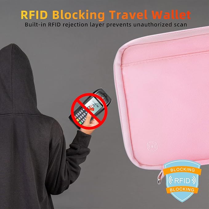 WALNEW RFID Family Passport Holder Wallet with Tracker/AirTag Holder, Travel Document Organizer Zipper Pouch with Wristlet and Cross Body Straps for Women Men