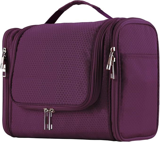 Buruis Hanging Toiletry Bag for Women and Men, Large Water-Resistant Makeup Organizer with Sturdy Hook, Lightweight Nylon Dopp Kit for Full-Sized Toiletries & Cosmetics, Purple
