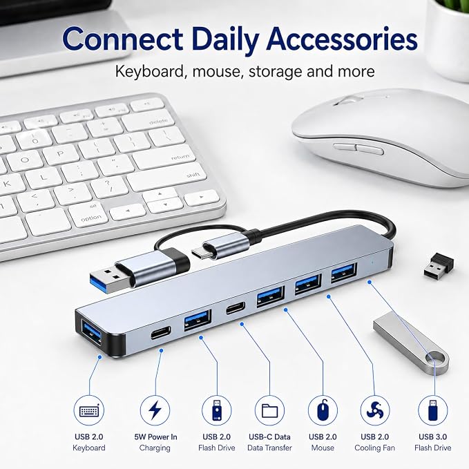7-Port USB Hub, USB-C & USB-A Multiport Adapter with USB 3.0, USB 2.0, USB-C Data Port and 5W Power Input, Slim Aluminum for Laptop, Desktop, MacBook, iPad, Keyboard, Mouse, Flash Drive