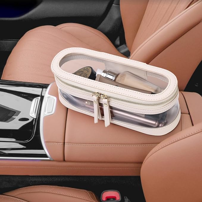 Pinkmik Makeup Brush Case Clear Travel Cosmetic & Toiletry Bag Slim Makeup Bag with Zipper Small Purse Organizer Car Essential Bag for Women (Beige, SLIM L)