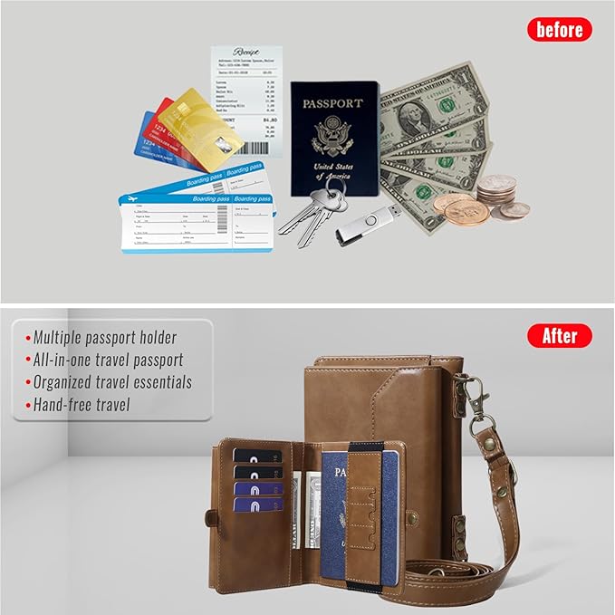 ASAPDOS RFID Blocking Family Passport Holder Wallet,Hold 2-3 Passports for Travel with Credit Card Slots & Wrist Crossbody Strap Coffee