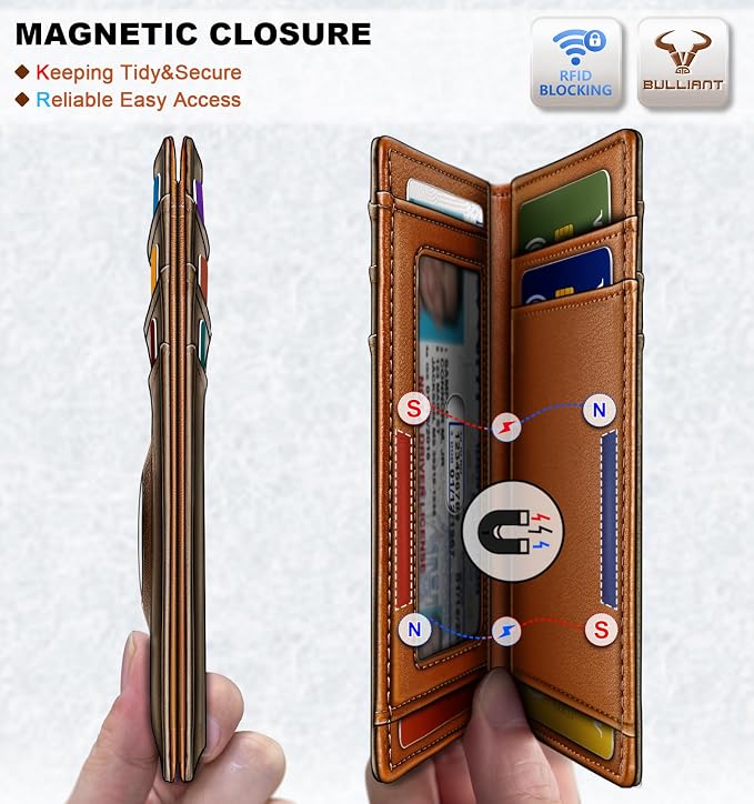 BULLIANT Slim Wallet For Men 12Cards,Magnetic Flip Build-in Money Clip Airtag Compatible-RFID Blocking