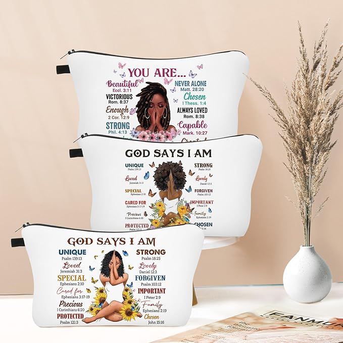 Christian Gifts for Women, 3 Pack African American Makeup Bag for Purse, Afro Black Cosmetic Bags for Women, Inspirational and Funny Gifts, Small Travel Pouches, Bulk Cosmetic Cases