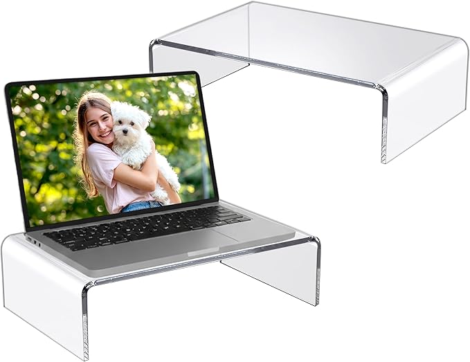 Amazing Abby Acrylic Monitor Stand Riser for Desk (2-Pack), Clear Plastic Computer Monitor Riser with Keyboard Storage, Heavy-Duty 3-3/8" Riser for PC Laptop Screen, Great for Home and Office Use