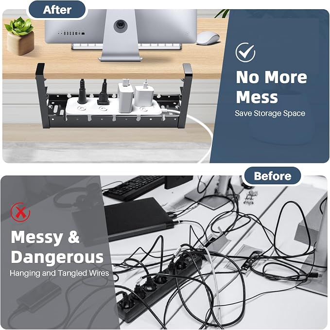 Under Desk Cable Management Tray, No Drill Clamp Mount, Metal Cord Organizer for Desk, Wire Management Rack for Home Office and Standing (Black)