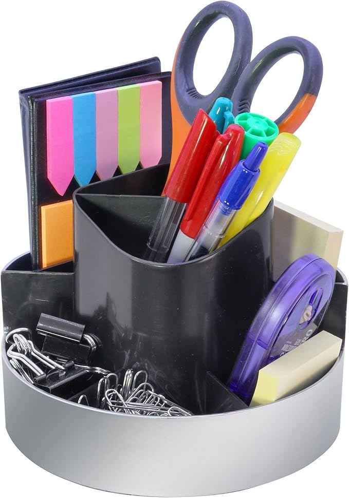Kantek Rotating Desk Organizer, 8 Compartments, Plastic, 6 x 5.75 x 4.5, Black/Silver