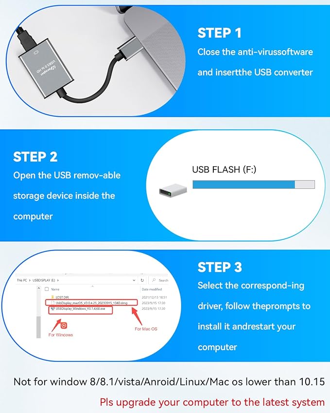 USB to HDMI Adapter for Monitor 1080P@60Hz Display with 5Gbps High Speed Transmission, Support Extend & Mirror Mode, Compatible with Window 7/10/11, Mac OS 10.15+, Laptop, Desktop, TV, Monitor, Silver