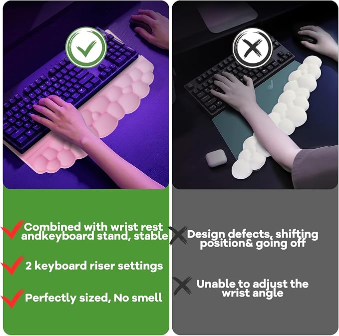 Wrist Rest with Keyboard Stand, Ergonomic Computer Wrist Support Pad, Cloud Keyboard Riser Holder with Wrist Pad, Memory Foam Desk Cushion, Palm Hand Typing for Office Home School-Pink