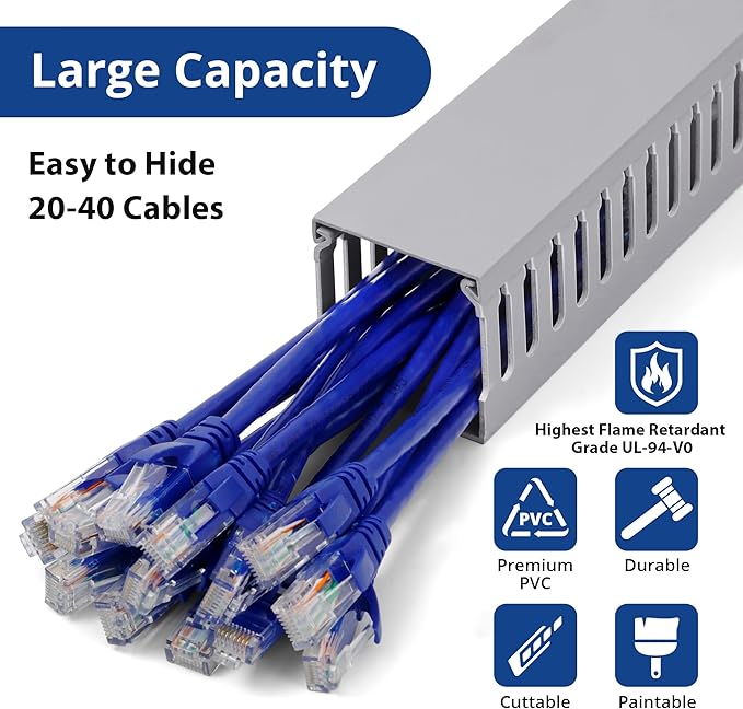 ZhiYo 2 x 2in Professional Server Rack Cable Management Raceway, 99in(6X L16.5in) Cable Raceway Kit, Electrically Safe PVC Open Slot Wire Raceway for Under Desk/Computer/Network Cords, Grey