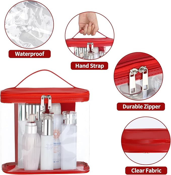 HAOGUAGUA Heavy Duty Leak Proof Clear Travel Bags for Toiletries, Transparent Makeup Cosmetic Bag with Zipper and Handle (1PCS RED, Large)