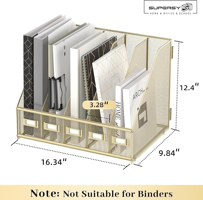 SUPEASY Desk Organizers Metal Desk Magazine File Holder with 5 Vertical Compartments Rack File Organizer for Office Desktop, Classroom, Home Workspace, Golden Yellow