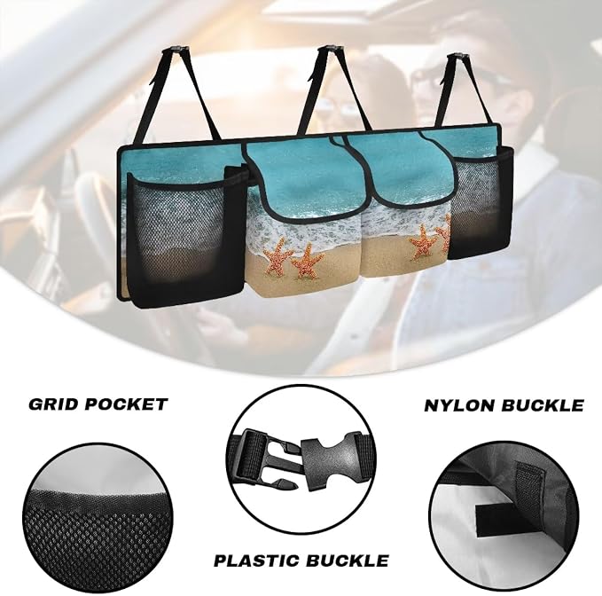 Sea Starfish Trunk Organizer and Storage, Backseat Hanging Organizer for SUV, Truck, MPV, Waterproof, Collapsible Cargo Storage Bag with 4 Pockets