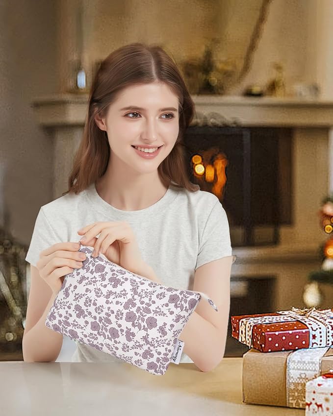 Narwey Small Makeup Bag for Purse Travel Makeup Pouch Cosmetic Bag Zipper Pouch Bags for Women (Dusty Pink Flower)