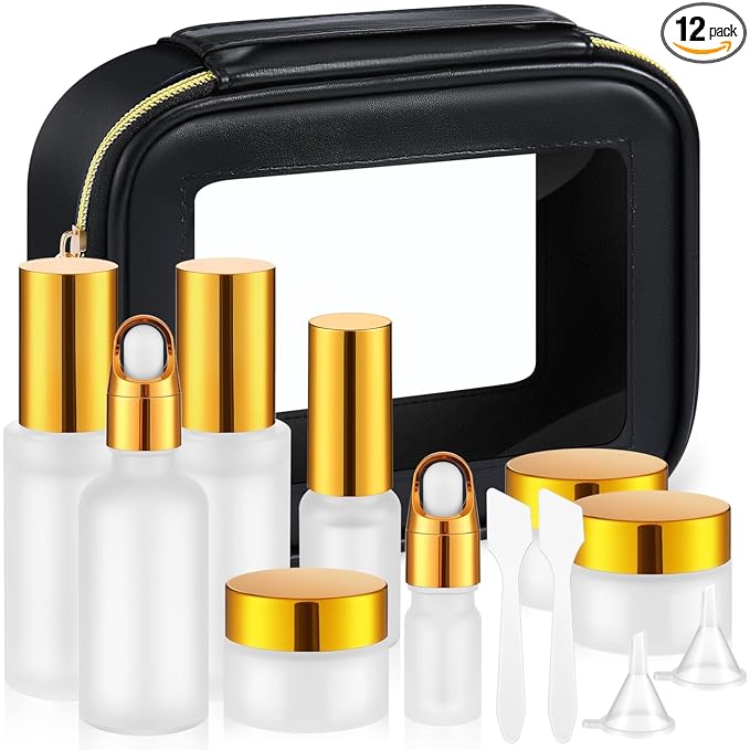 Jingmore 13 Pcs Glass Skincare Travel Containers Mini Makeup Containers Travel Size Toiletries Bottles with Pump Spray and PU Leather Toiletry Bag for Liquid Serum Cream Moisturizers Oils(Gold)