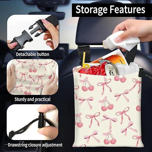 Car Trash Bag Large Hanging Can for Back of Seat, Cute Waterproof Car Garbage Bag for Vehicle, Travelling, Outdoor Cute Pink Cherry Bow
