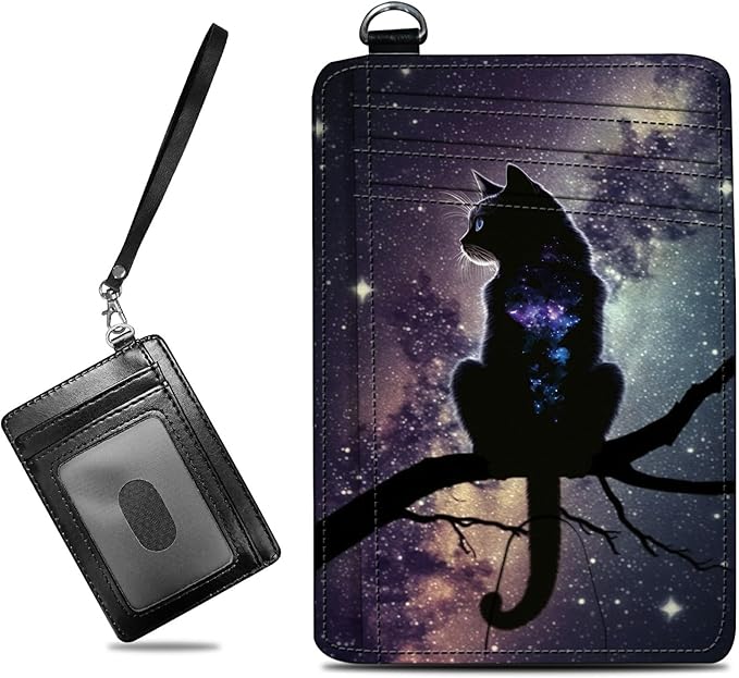 Small Travel Wallets, Cat Nebula Slim Minimalist Front Pocket Wallet with Wristlet, RFID Blocking PU Leather Credit Card Holder with ID Window Change Purse for Men Women