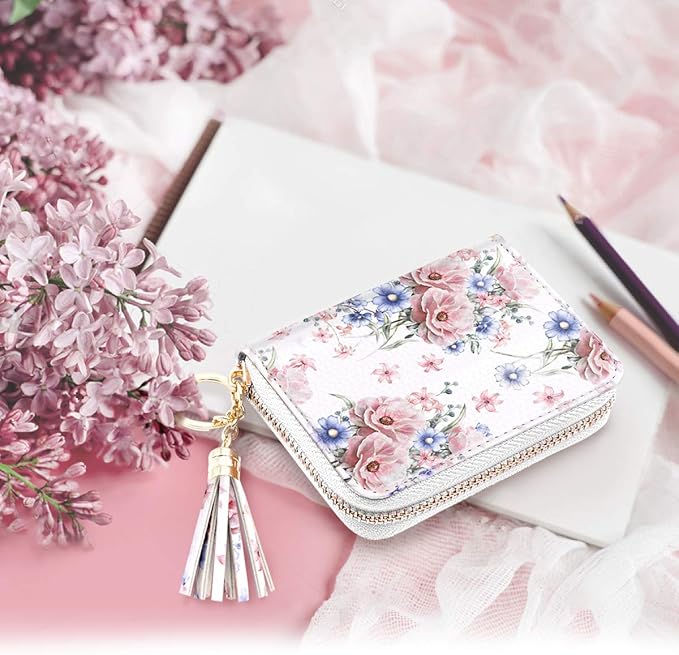 Coco Rossi Women's Card Case RFID Cute Flowers Small Wallet Card Holder, White Floral