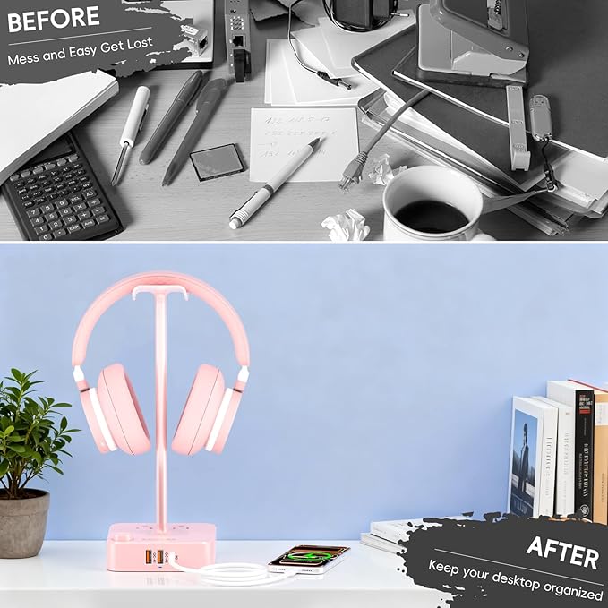 Pink Headphone Stand with USB Charger, Gaming Headset Holder with 3 USB Ports & 2 AC Outlets, PD Fast Charging & QC3.0, Desk Organizer for Girls, Gifts for Her,Girlfriend,Teen, Pink Gaming Accessories