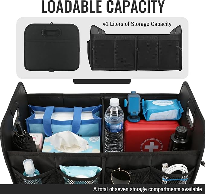PAT SAM'S Trunk Organizer for SUV, Foldable Car Storage Organizer with Dividers, Waterproof Oxford, Collapsible Car Storage Box with Pockets for Grocery, Tools, Travel (Black)