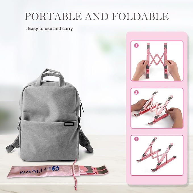 Laptop Stand for Desk, Ergonomic Lap Riser, Portable Laptop Stand, Aluminum Lightweight Foldable Notebook Support, Compatible with Laptop 10-15.6'' and Tablet, Phone (Pink)
