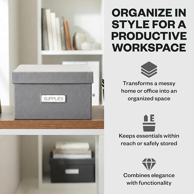 Bigso Karin Collapsible Storage Box - Photo Storage Box with Labelframe for Easy Identification - Simple Assembly Without Tools - Decorative Storage Boxes with Lids - 8.9in x 12.4in x 5.4in - Gray