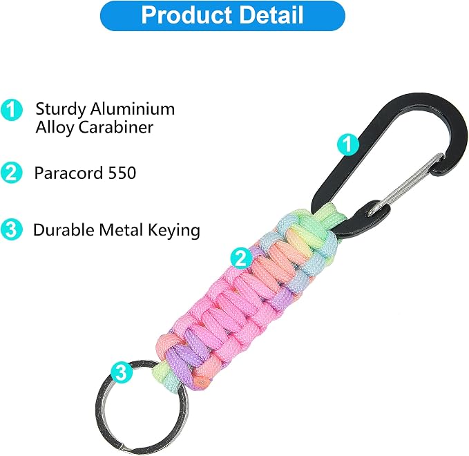 2 Pieces Paracord Keychain with Carabiner,Lanyard Clip for Keys Water Bottle Holder Backpack