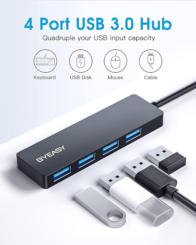 BYEASY USB Hub, Multiple USB 3.0 Hub, USBA Splitter for Laptop with Type C Power Port, Extender for Mouse, Keyboard, Flash Drive, U Disk, Printer Compatible with A Port Laptop, PC, Desktop and More