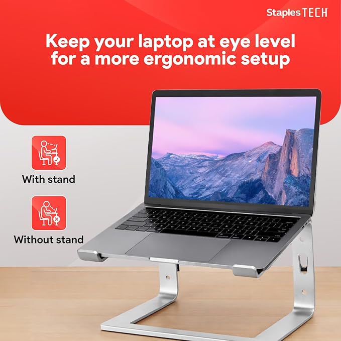 Staples TECH Adjustable Aluminum Laptop Stand ??Fits 11"??7" Laptops, Ergonomic Eye?‘Level Riser with Ventilated Cooling & Anti?‘Slip Base, Silver