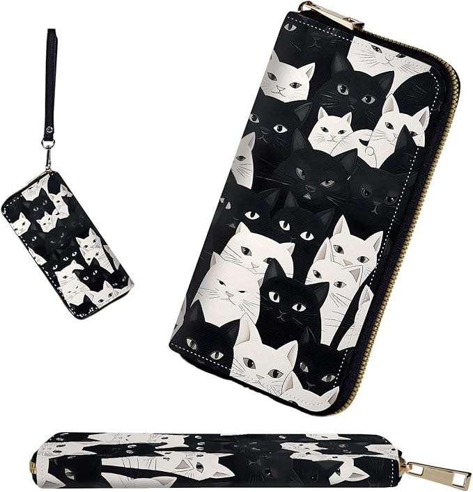 RFID-Blocking Zip Around Wallets for Women with Detachable Wrist Strap,Large Capacity Phone Holder with Card Organizer & Coin Pocket,Cute Funny Cats Pattern