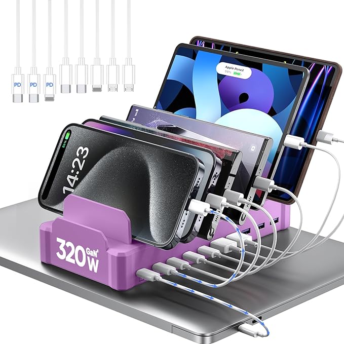 320W Charging Station for Multiple Devices, Zobirez 10-Port USB C Fast Charger Stations for MacBook, iPhone, Android Cell Phone, iPad, Tablet Family Multi-Device Organizer Charging Dock, Purple