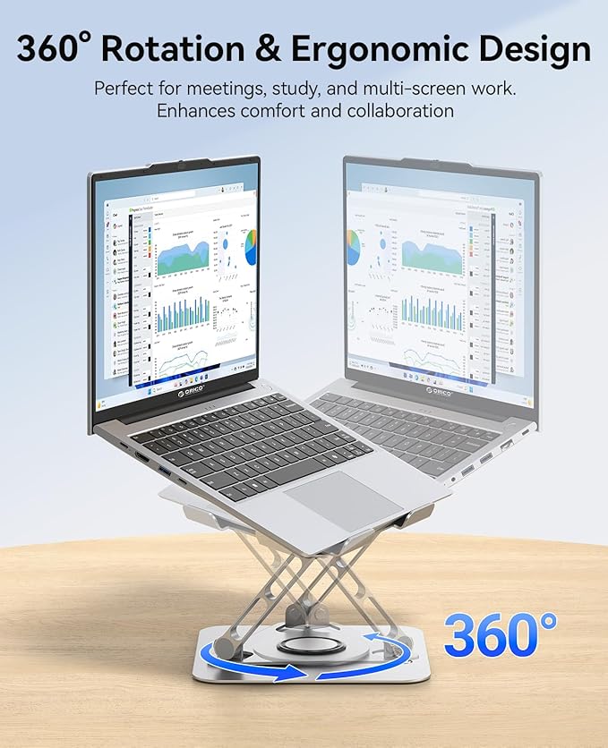 ORICO Adjustable Laptop Stand for Desk, 360° Rotating Base, Foldable Aluminum Alloy Computer Stand with Ventilated Design, Compatible with MacBook Air/Pro, Dell, XPS, HP up to 17'' - ST12, Silver