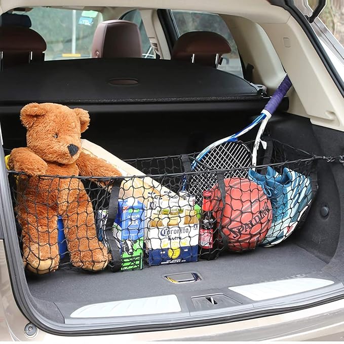 Cargo Net for Car, Expandable 3 Pocket Heavy-Duty Cargo Net Organizer, Black Mesh Storage Pocket with 4 Metal Carabiners Universal for Car, SUV, Pickup Truck, Van Trunk Bed